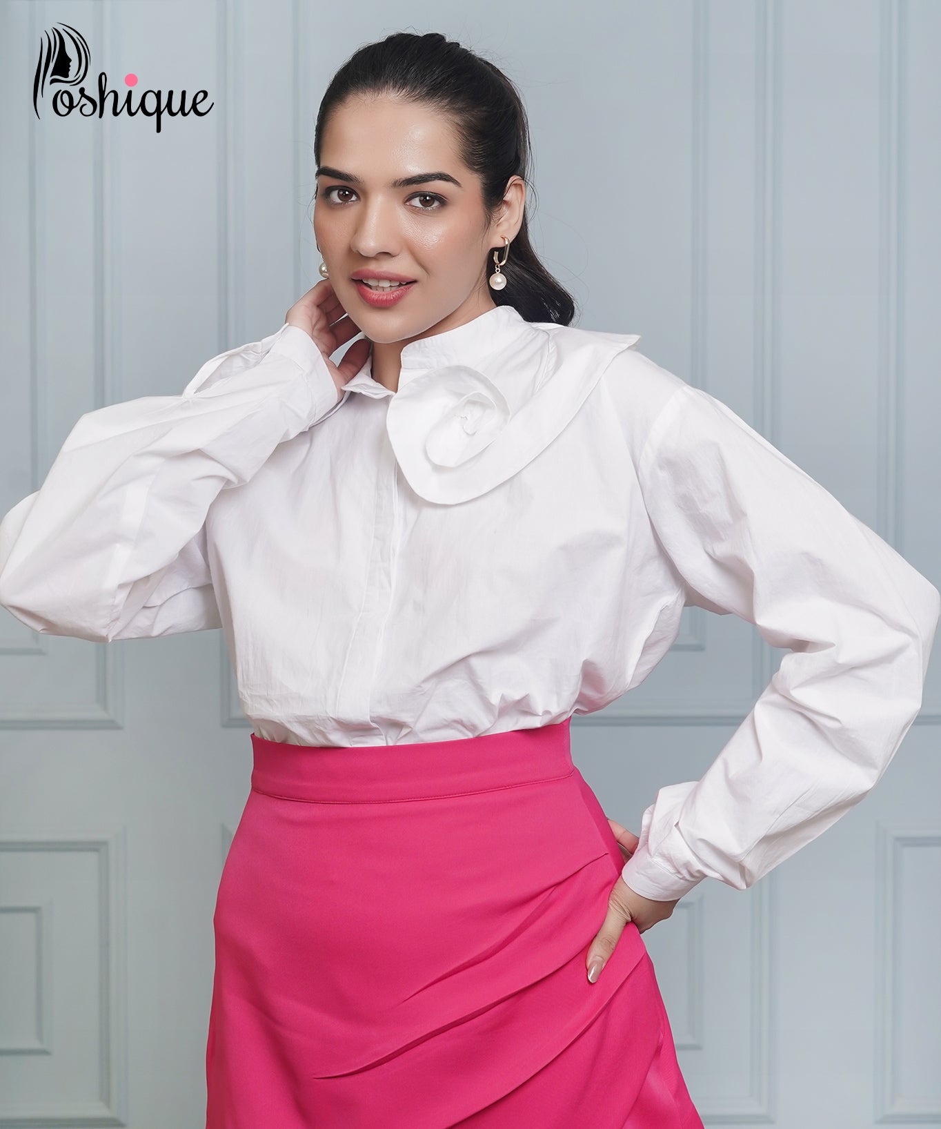 Poshique Classic White Shirt & Bold Pink Draped Skirt Set